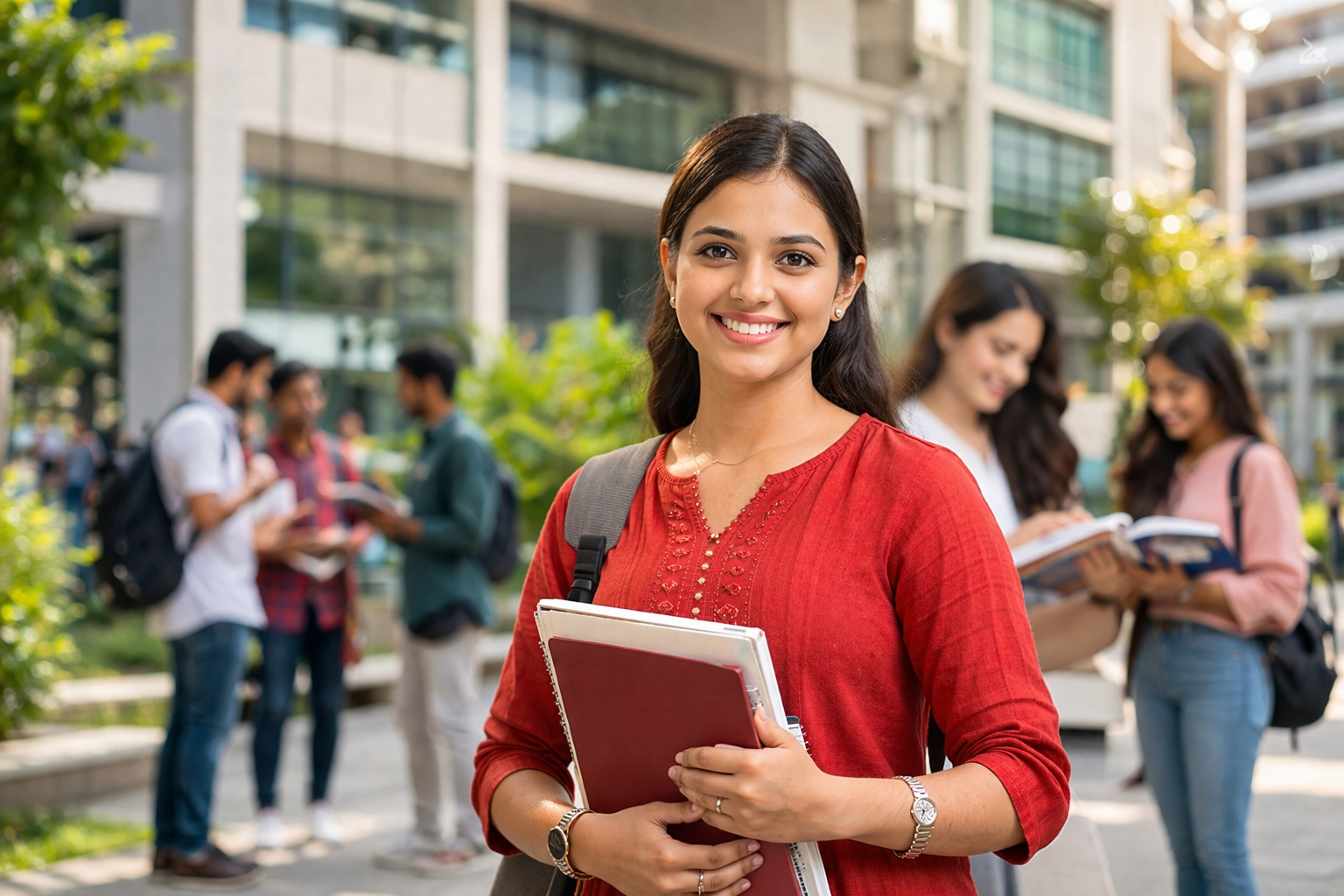 smiling student on university campus walkway
